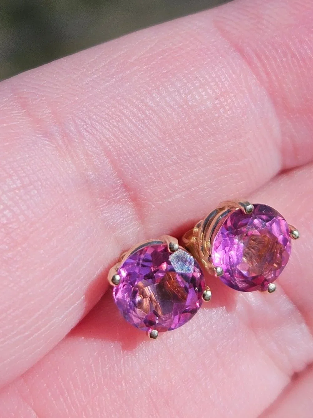 14K Yellow Gold Pink Topaz 4 Prong Stud Earrings 7mm - Picture 7 of 16